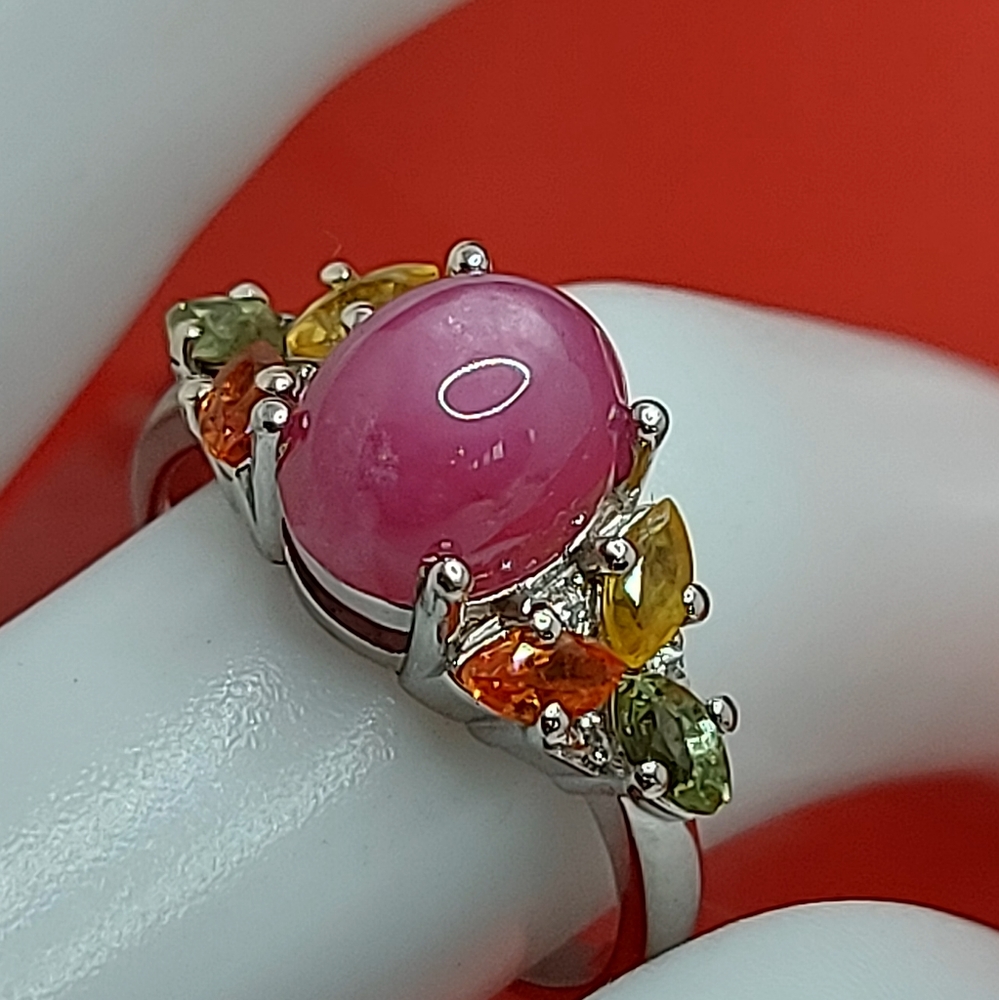 Natural Red Ruby 9x7mm,‎ Sapphire & Cz 925 Sterling Silver Ring Size 6.75